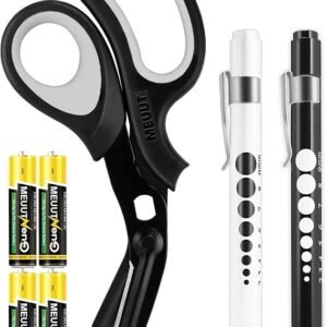 MEUUT 3 Pack Penlight & Medical Scissors- One 8 Inches Patented Trauma Shears Two LED Pen light with Four Batteries - Bandage Scissor for- Nurse, First Aid, EMT, Doctor